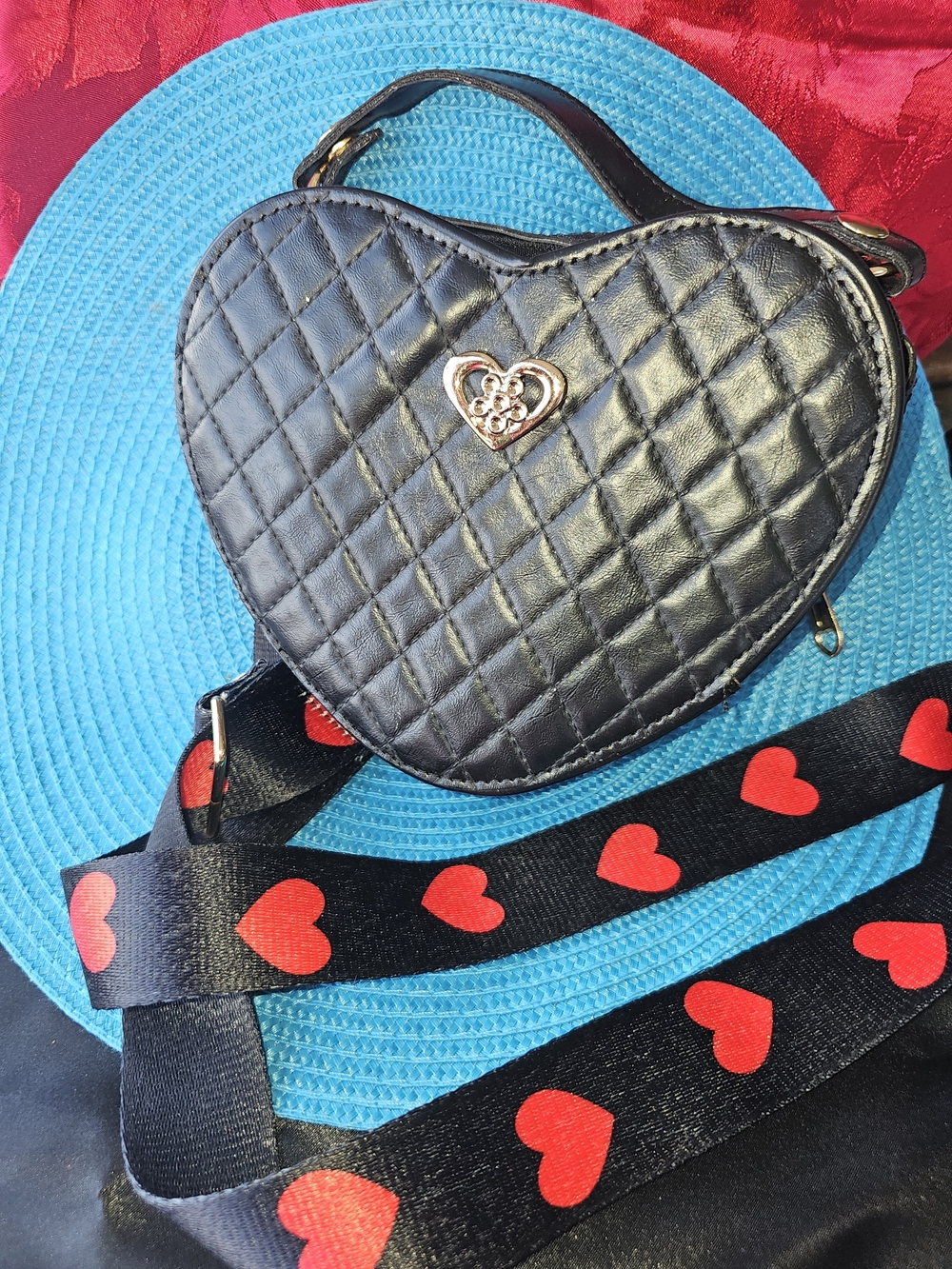 Quilted Heart-Shaped Shoulder Bag in Black with Heart-Accent Strap